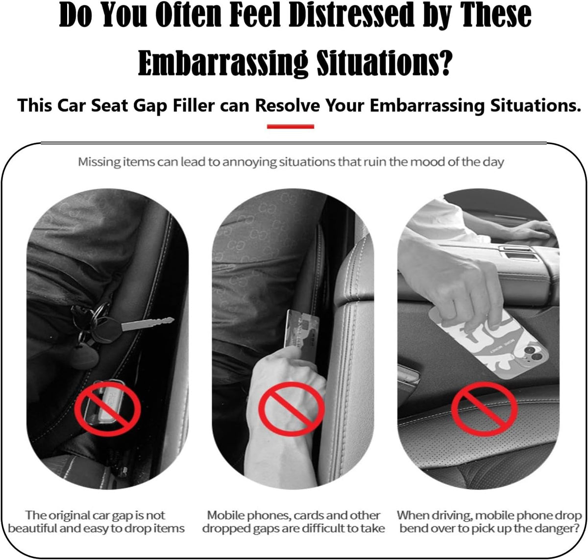Car Seat Gap Filler Universal Fit Orgaziner for Car, SUV, Truck to Fill The Gap Between Side Seat and Console Stop Cellphone, Wallet, Keys, Coins from Dropping, 2 Pack (Black)