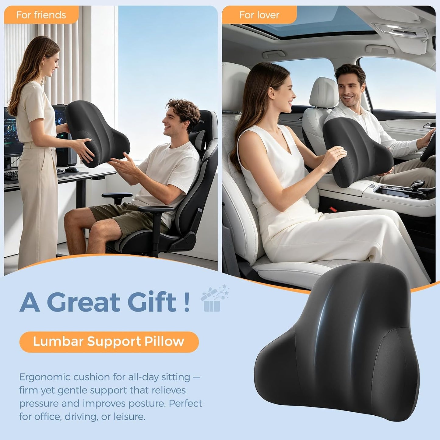 BABUR Ergonomic Memory Foam Lumbar Support Pillow for Car, Back Pain Relief | Ergonomic 100% Memory Foam, Back Pain Relief, Comfort Lower Back Support for Office Chairs, Car Seat, Wheelchair