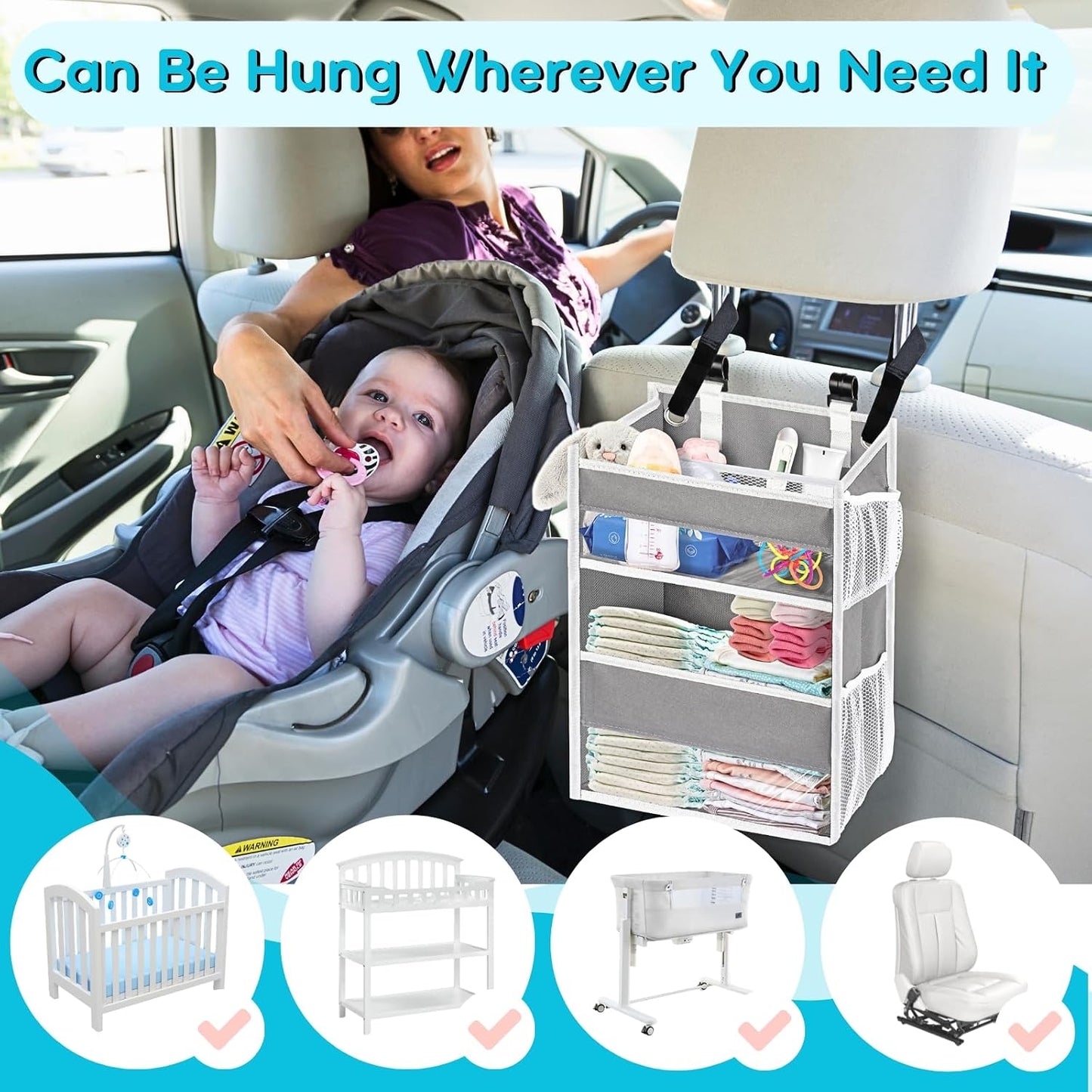 Hanging Diaper Organizer, 2 Tier Hanging Diaper Caddy, Holds 90+ Diapers | Durable Diaper Organizer for Changing Table,Cribs,Car,Playard or Wall & Nursery Organization, 4 Mesh Pockets, Won't Deform