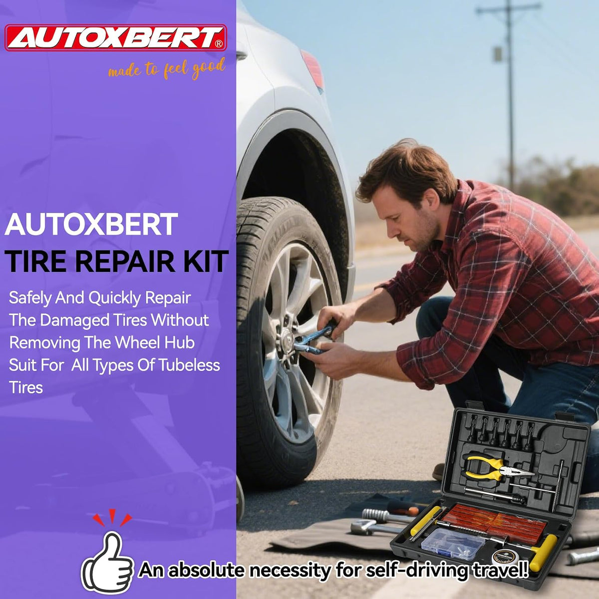 AUTOXBERT 93 PCs Car Tire Flat Repair Kit with Plugs Heavy Duty Professional, Universal Tire Plugs Kit for Flat Tires for ATV, Truck, Cars, Motorcycles, Tractor, Trailer, RVs, SUV, Off Road Vehicles