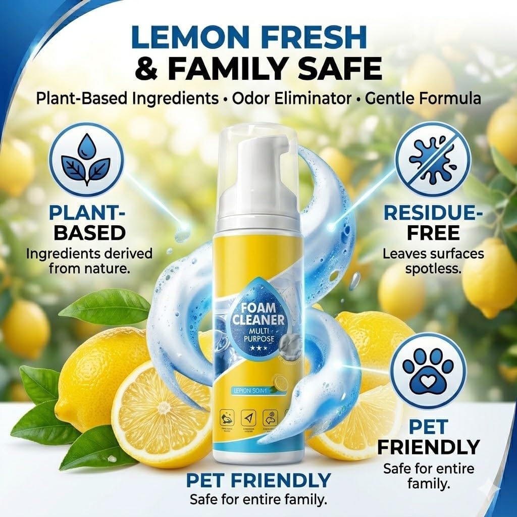 4-in-1 Multi-Enzyme Foam Cleaner 5oz, Multi-Purpose Foam Cleaner Car Interior, Multi-Purpose No-Rinse Deep Cleaning Spray, for Itchen, Bathroom, Sofa, Leather, Fabric and Plastic, Lemon Scent (1)