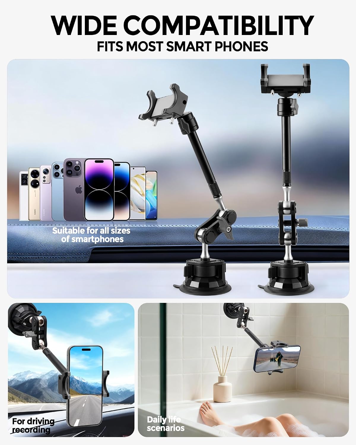 Semi Truck Phone Mount for Drivers, 360° Anti-Shake with Extension Rod
