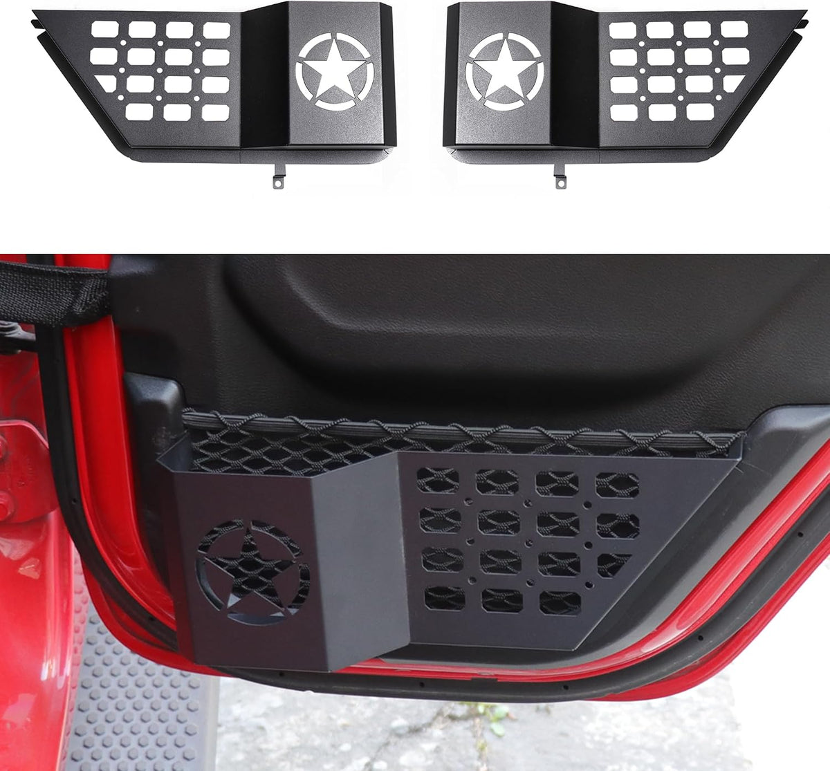 Front Door Storage Pockets Organizer Box for 2011-2018 Jeep Wrangler JK JKU Unlimited 2/4 Door Insert Storage Expansion Interior Accessories 2 Pack Black Metal with Star