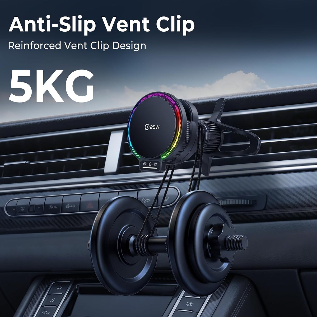 3-in-1 Wireless Charging Car Mount, 25W Magnetic Qi Charger for Phone, Apple Watch and Earbuds, Air Vent Clip, USB-C Cable Included (Black)