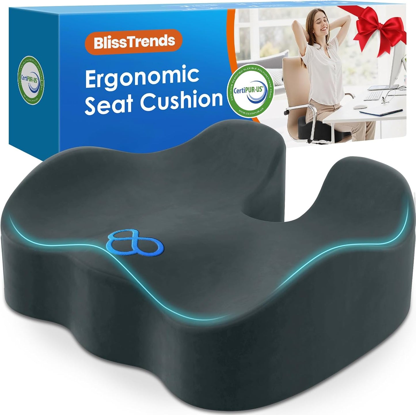 BlissTrends Extra Thick Seat Cushion for Office Chair & Car Seat, Black | Tailbone & Sciatica Relief, Ergonomic Support, High-Density Memory Foam, Comfort for Extended Sitting