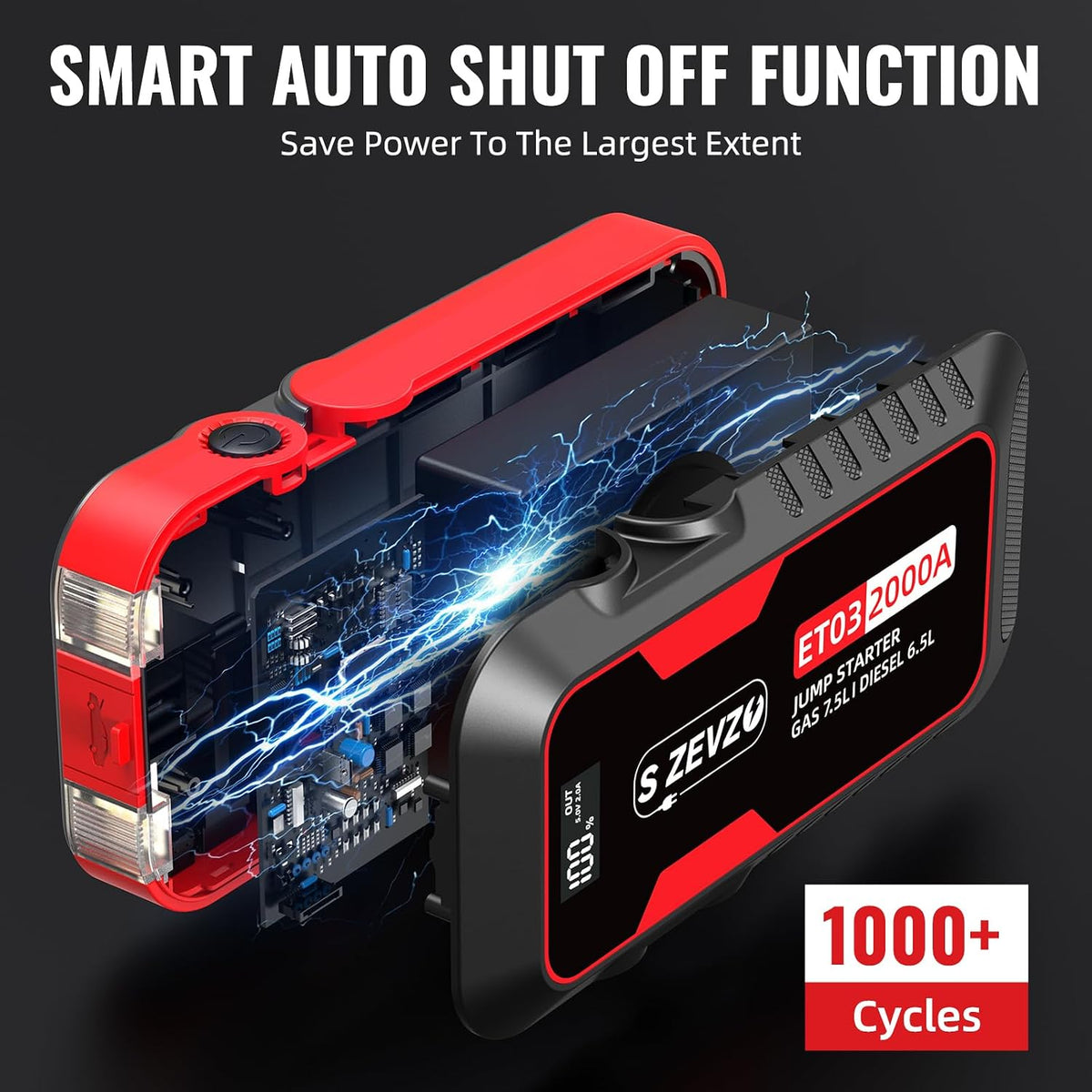 S ZEVZO ET03 2000A Car Jump Starter for 7.5L Gas and 6.5L Diesel Engines