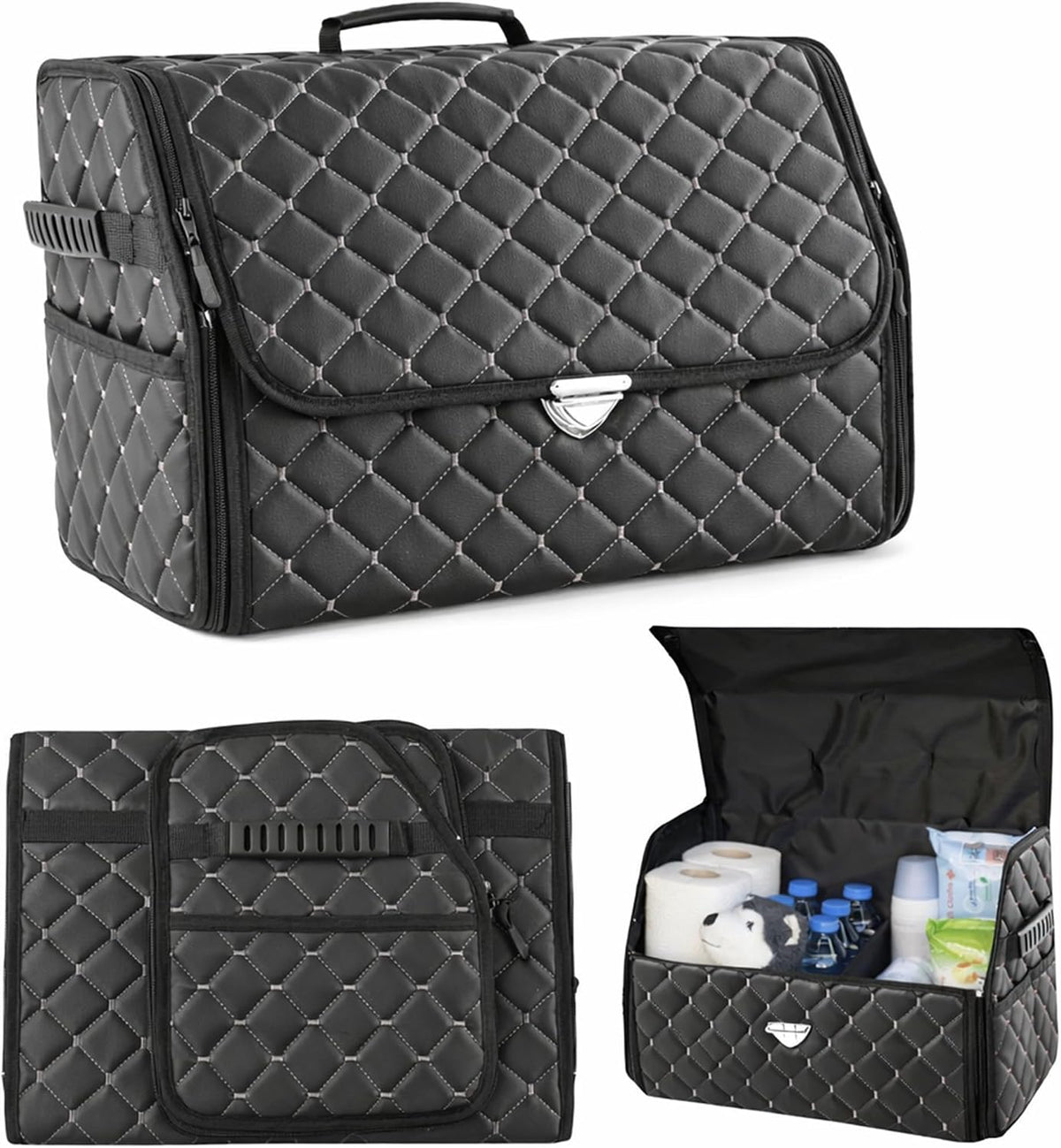 Leather Trunk Organizer with Lid for Suv and more, Foldable Car Organizer, Car Organizers and Storage with Pockets, Non-Slip Design