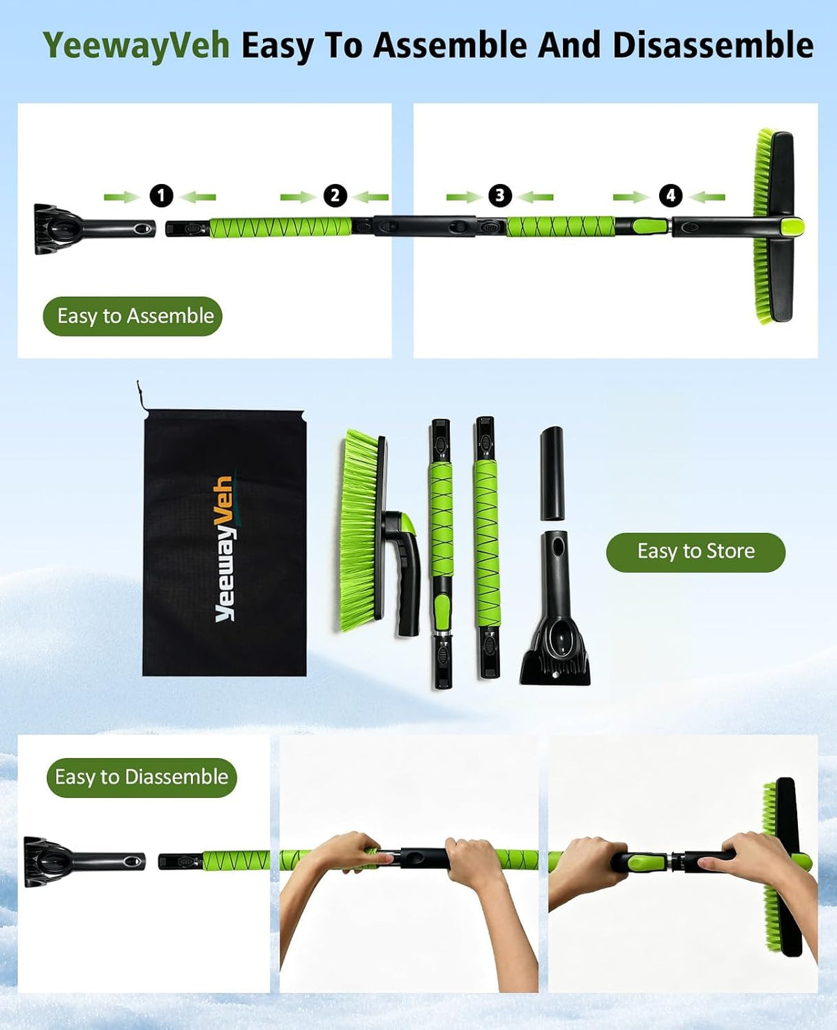 YeewayVeh 57in Snow Brush & Ice Scraper 360° Rotating, Long Handle, Green