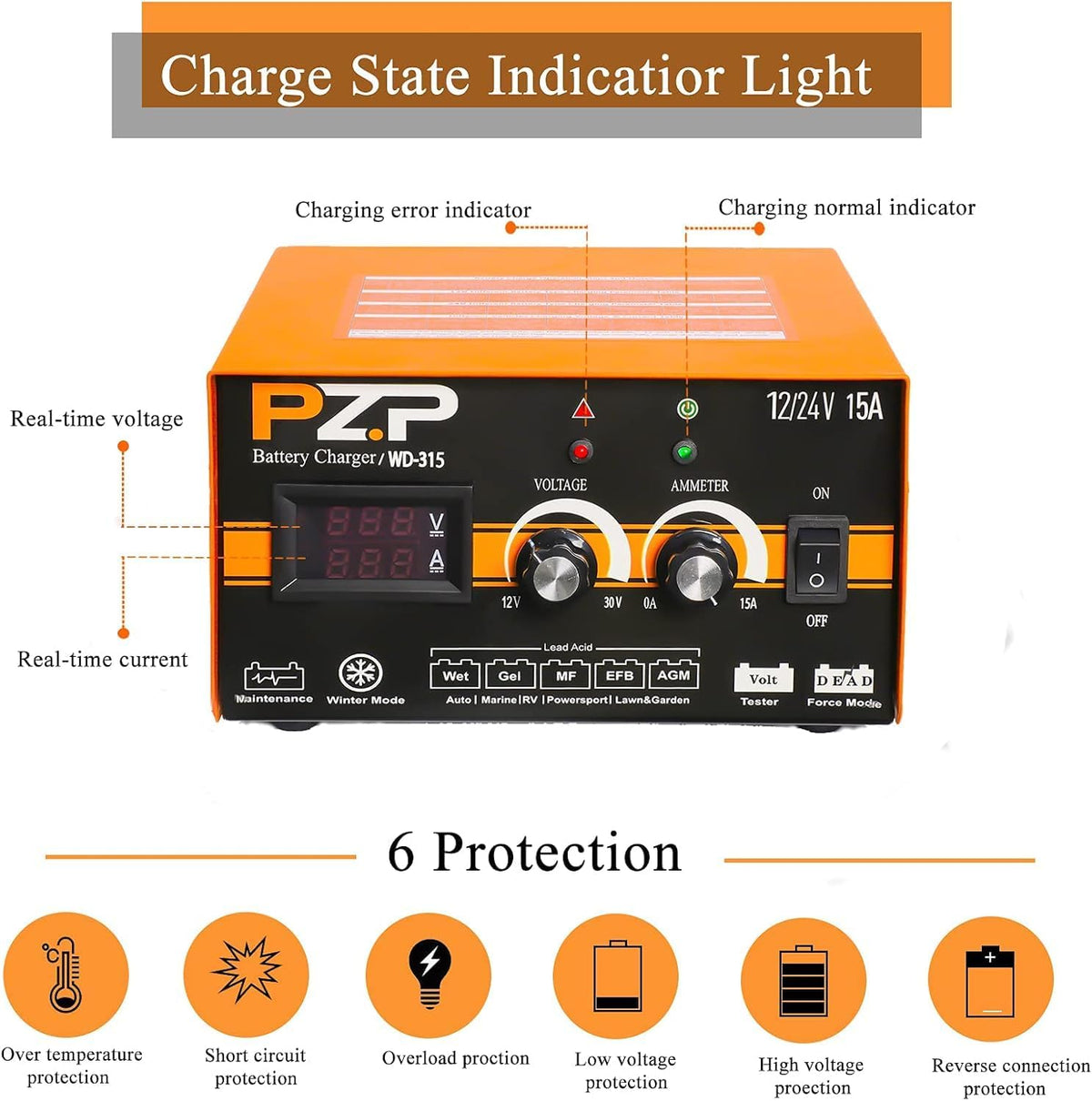 PZP 0-15Amp12V 24V Manual Battery Charger Maintainer,Arbitrarily Adjustable