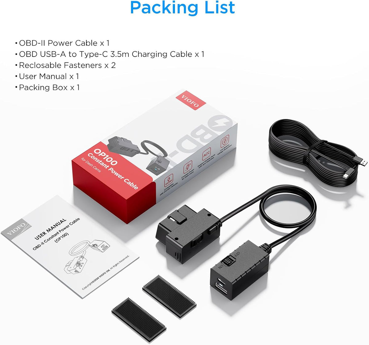 VIOFO OP100 OBD-II Constant Power Cable for Dash Cam, Type-C USB Port