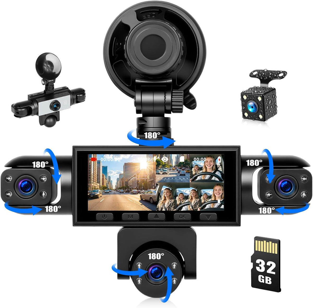 360 Degree 5 Channel Dash Cam, Front and Rear Inside Left Right Car Camera, 2" Screen, Night Vision, Loop Recording, 24H Parking Mode, Reverse View