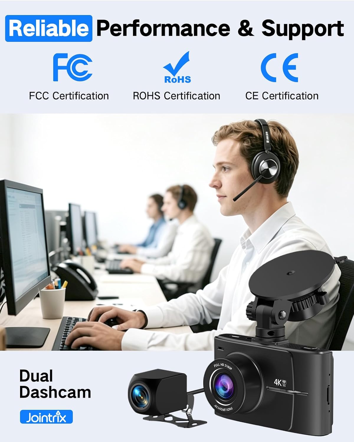 4K+2.5K Dual Dash Cam Front and Rear with 64GB Card