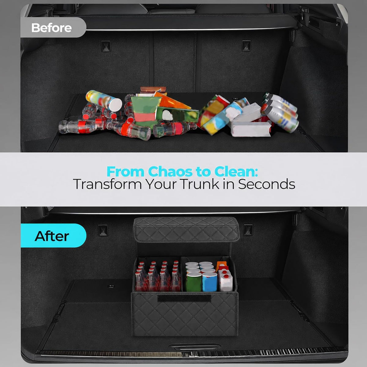 Leather Car Trunk Organizer with Lid,45L Foldable Storage Box for Universal Cars, SUVs, Sedans and MPVs, Removable Divider, Carry Handles, Black