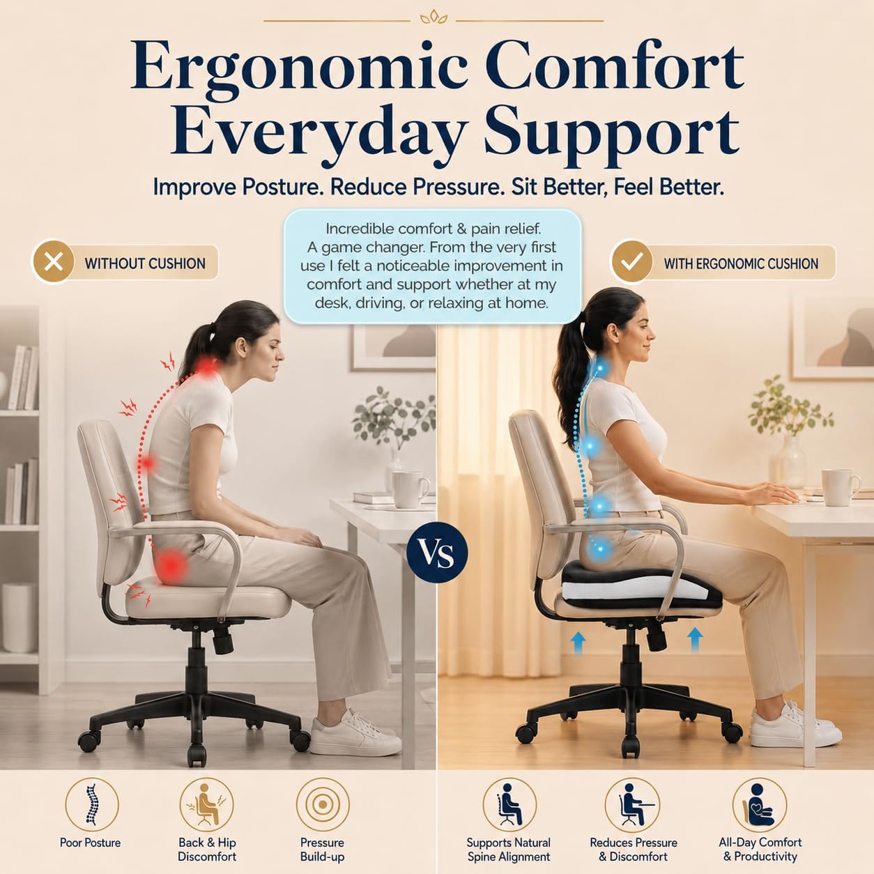 Seat Cushions for Office Chairs Wheelchair Cushion for Long Sitting Back Pain,Memory Foam Seat Car Computer Desk Chair Cushion,Coccyx Cushion for Tailbone Pain Relief Cushion Office Chair Black