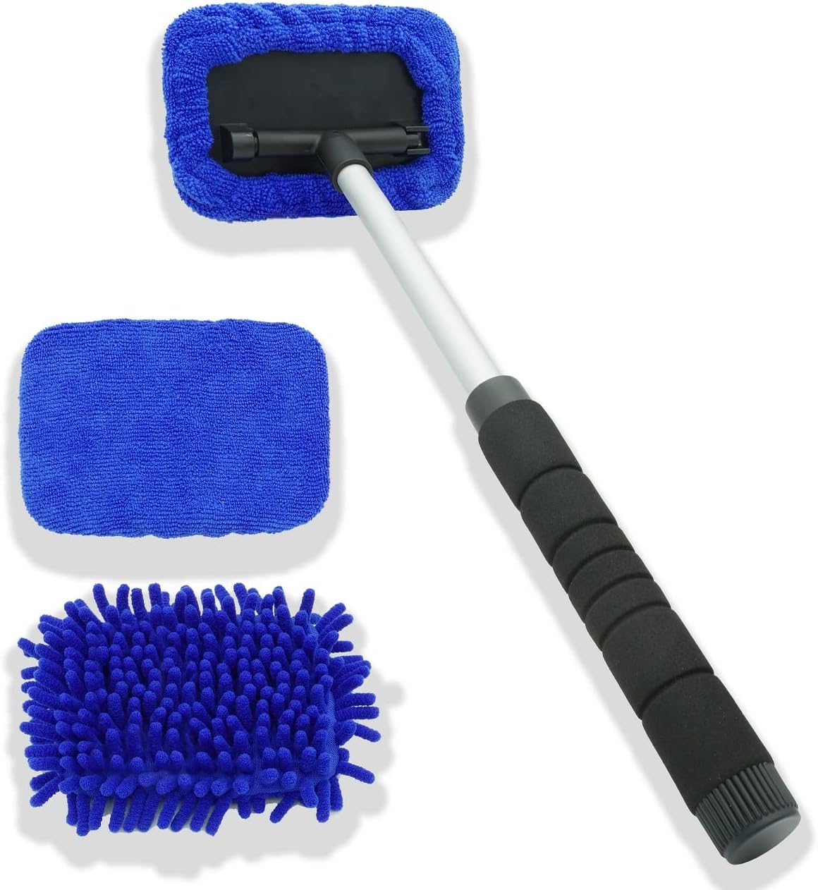 JOYFUL&HOPEFUL Car Windshield Cleaning Tool, Car Inside Window Cleaner Tool with Extendable Handle, 4pc Microfiber and 2pc Chenille, Car Interior Cleaner Tool Anti Fog, Streaks Free