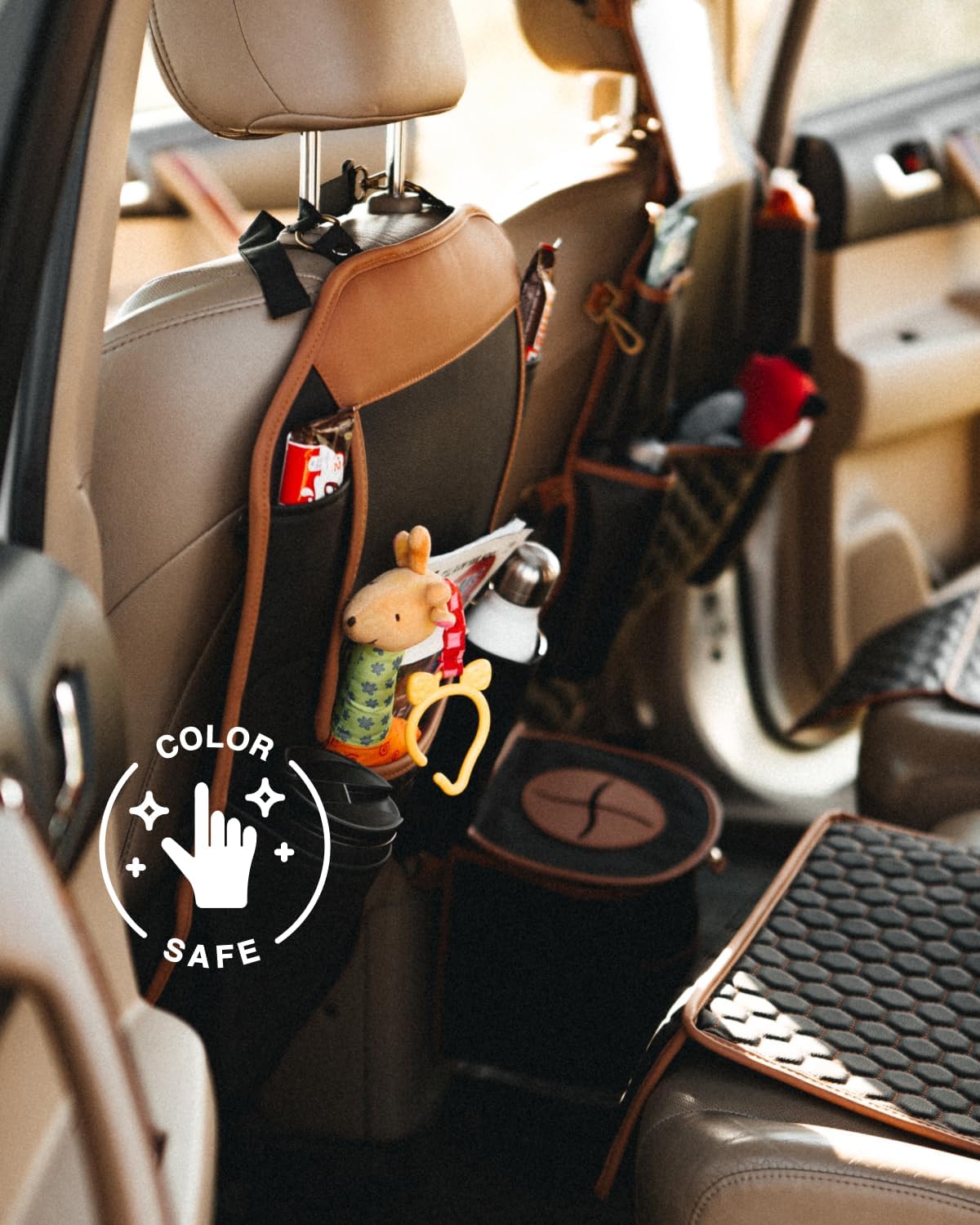 Owleys Over the Car Seat Organizer and Kick Mat Set, 2 Pc, Black/Tan