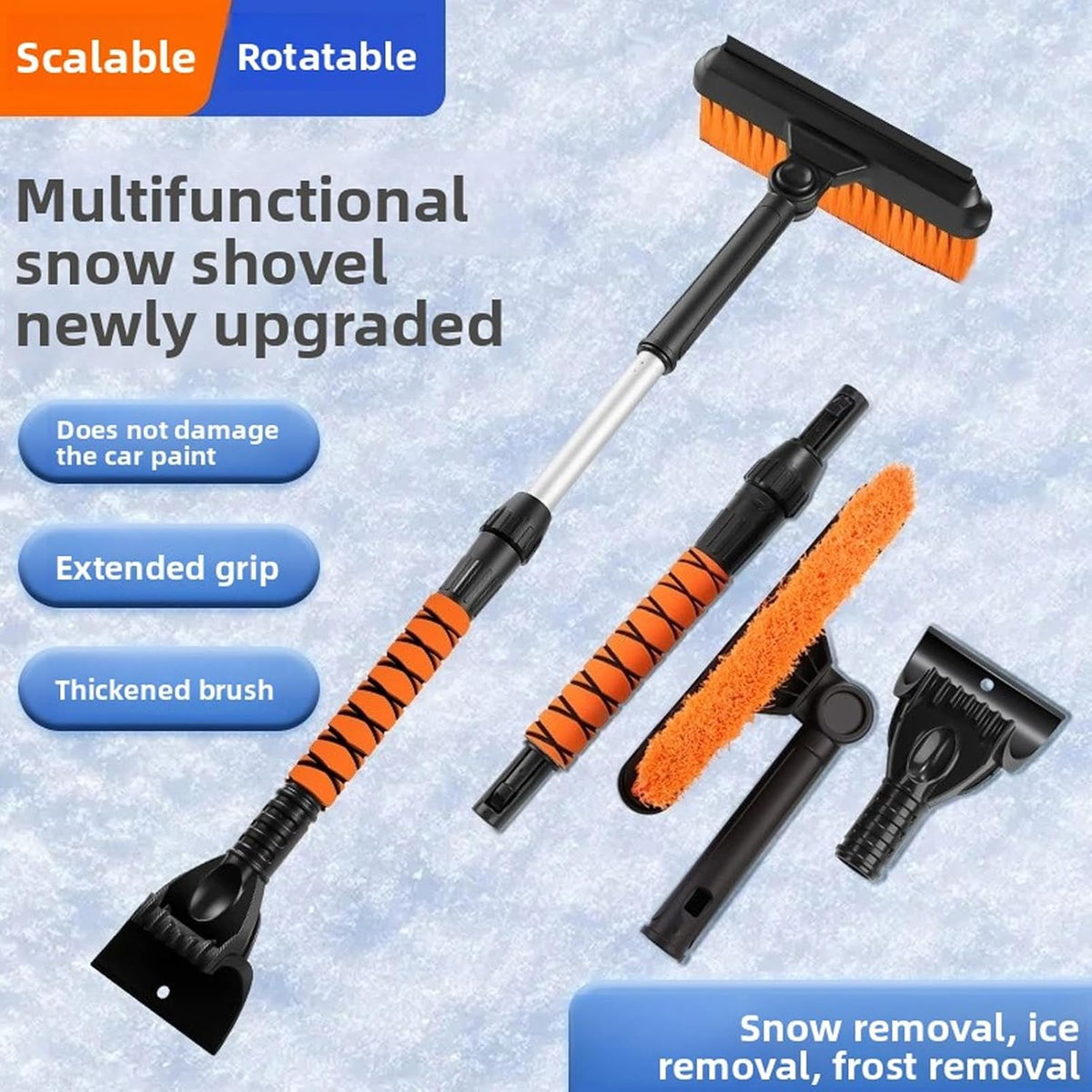 Car Snow Brush Ice Scraper with Foam Grip 2 in 1 Extendable Car Windshield Snow Scraper for Truck SUV Snow Removal (Orange)