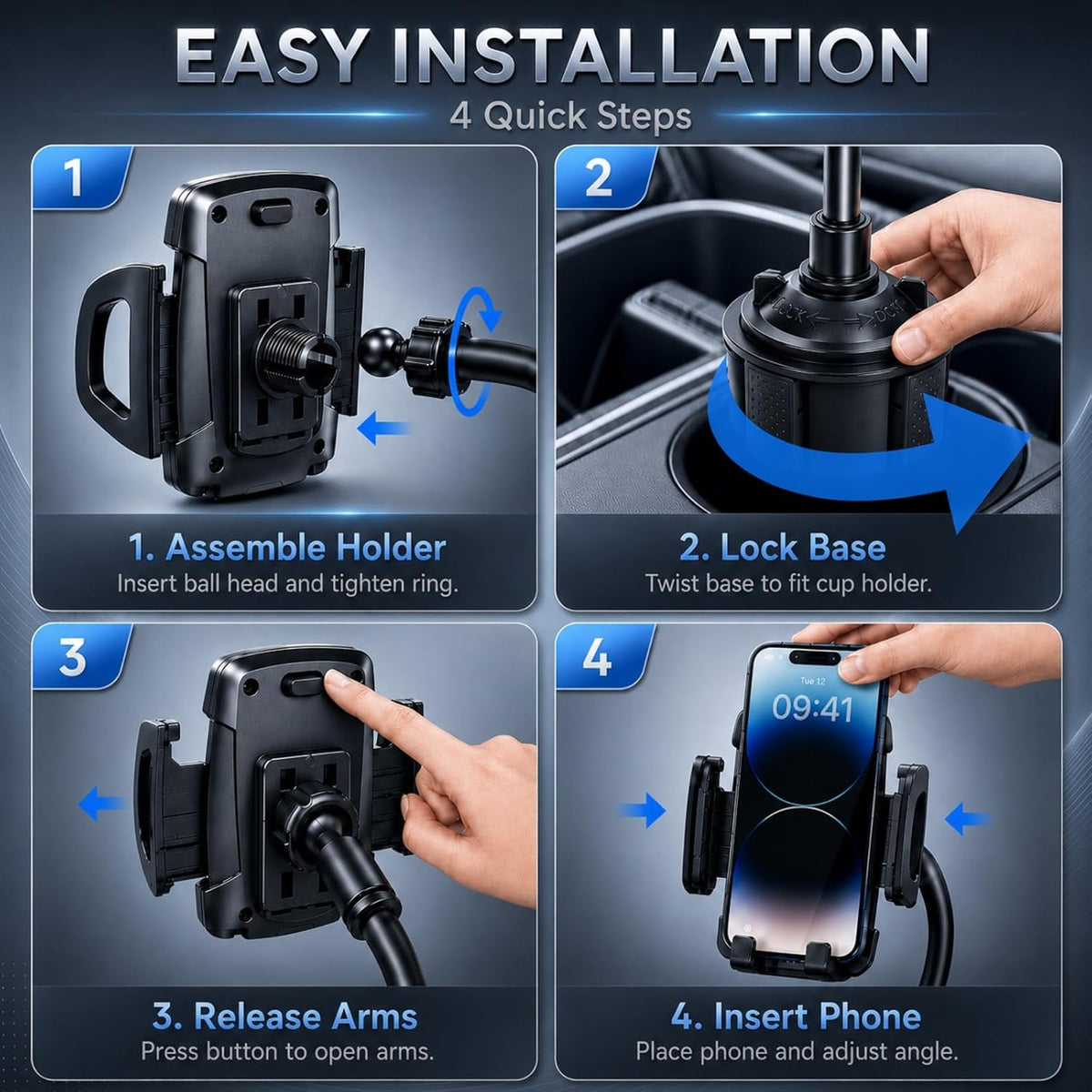 Cup Holder Phone Holder for Car, Adjustable Gooseneck Mount for 4-7" Phones
