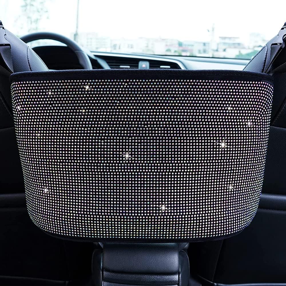 Car Net Pocket Handbag Holder Between Seat Back Organizer, Purse Holder for Console Front Seat Storage Barrier, Rhinestone Car Storage Organizer Between Front Seats, White