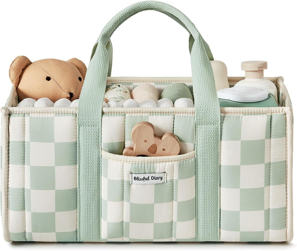 Blissful Diary Checkered Diaper Caddy Organizer, Stylish Nursery Storage Basket, Gift for Baby Shower, Newborn Essentials, Registry Search Must Haves, Pink