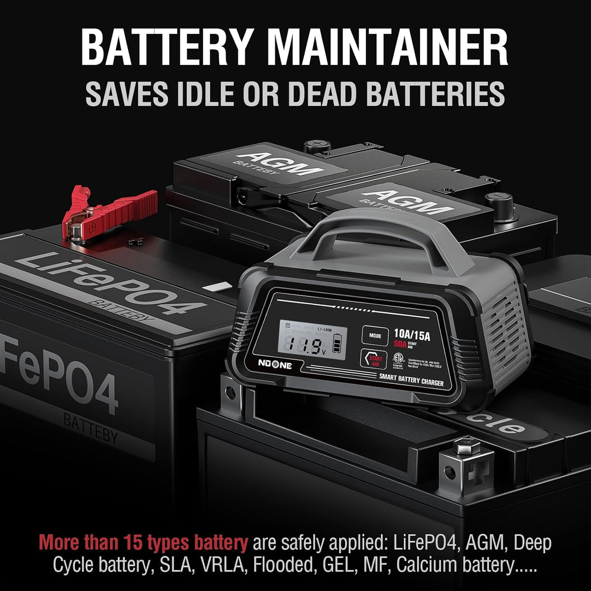 NOONE 10A/15A Smart Battery Charger - 6V/12V Fully Automatic Maintainer