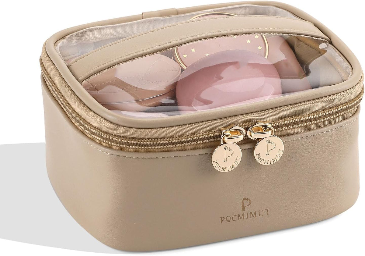Pocmimut Clear Makeup Bag,Double Layer Large Cosmetic Bag with Makeup Brush Bag,TSA Approved Toiletry Bag Makeup Case Car Accessories Travel Essentials Organizers for Women,Begie