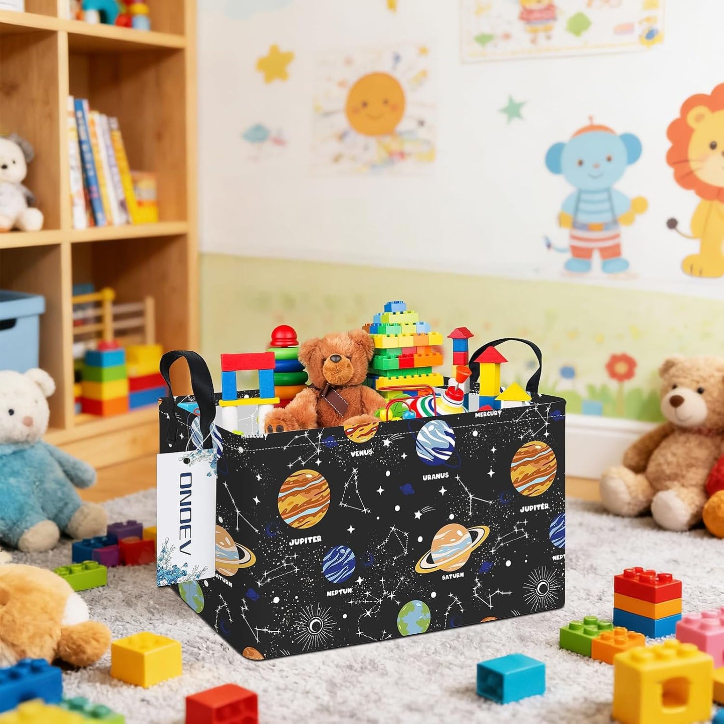Rectangular Solar System Planet Storage Bin, Closet Organizer Basket | Moisture repellent textile, reinforced carry grips, collapsible holder tidies cabinet and teenage bedroom belongings