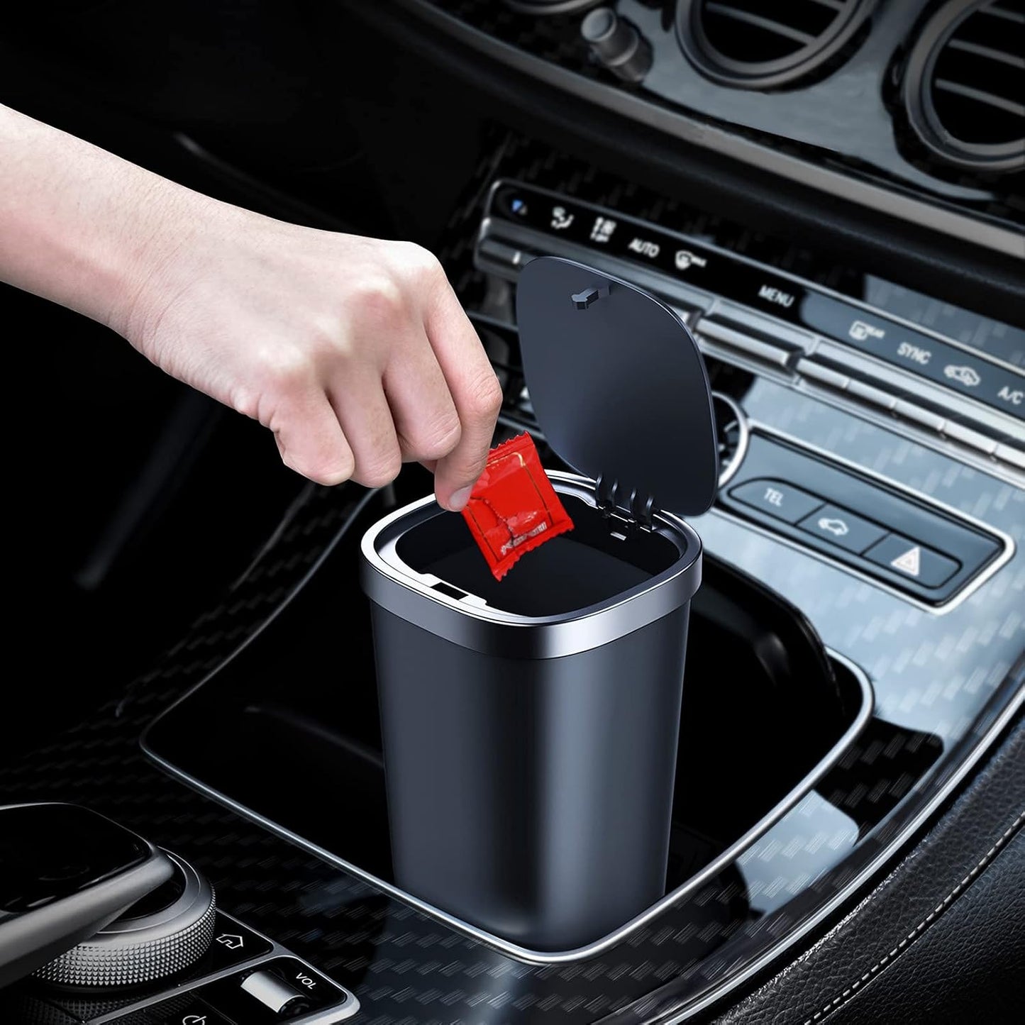 Mini Car Trash Can with Lid, Cup Holder Trash Can for Car with 3 Rolls Mini Trash Bags, Waterproof Small Car Garbage Can for Car Home Office Desk Bedroom -Square Black