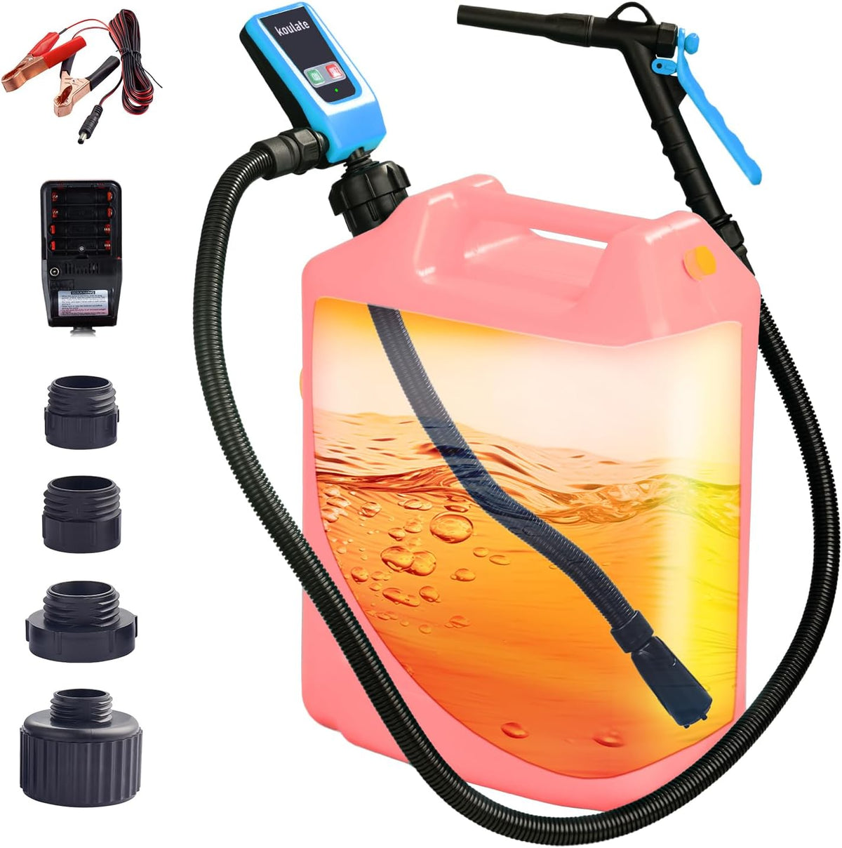 Portable Fuel Transfer Pump, 12V/AA Battery Powered, 3.2 GPM with 51” Hose & 4 Universal Adapters, for Gas, Diesel, Oil – for Car, Boat, Tractor, Lawn Mower, Emergency Kit(orange)