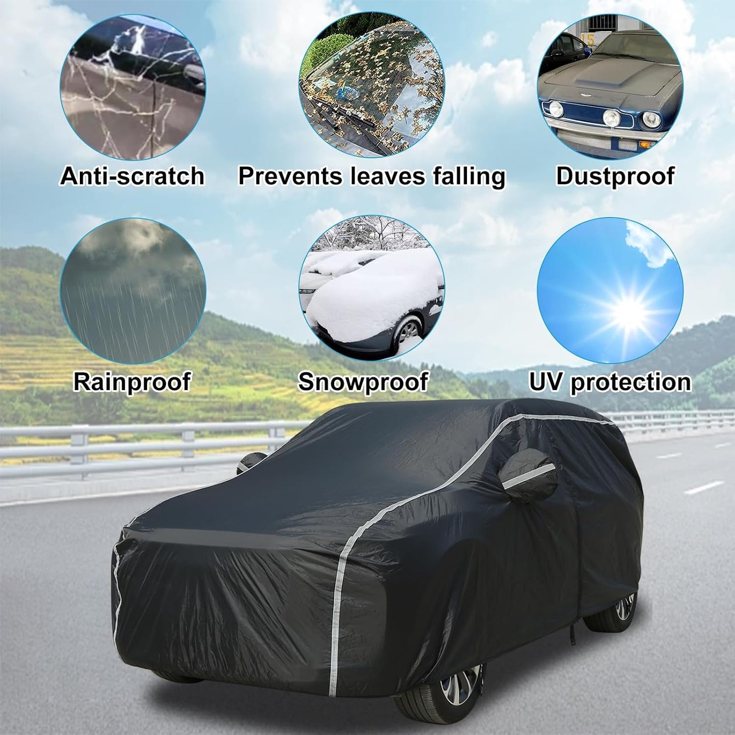 Car Cover Waterproof All Weather SUV - Coverado Black Car Cover UV Protection with Zipper Door, Cotton Backing Snowproof Hail Protection Windproof, Universal Fit for SUV (206"-215")