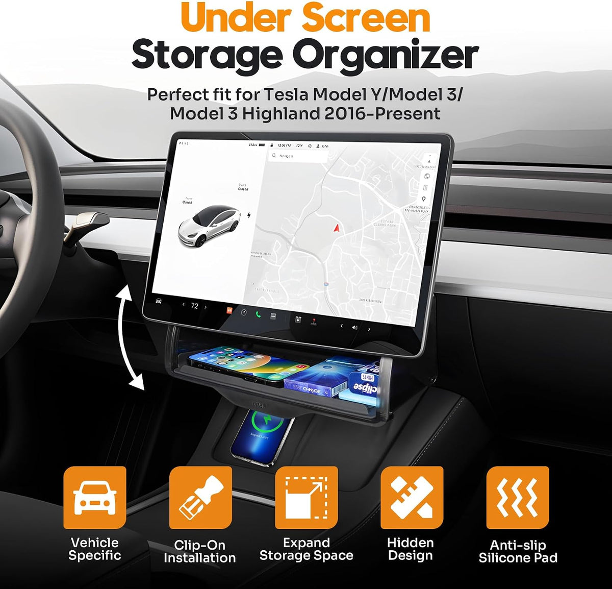 Canvcle Under Screen Storage Box for 2016-2026 Tesla Model Y/3 Accessories