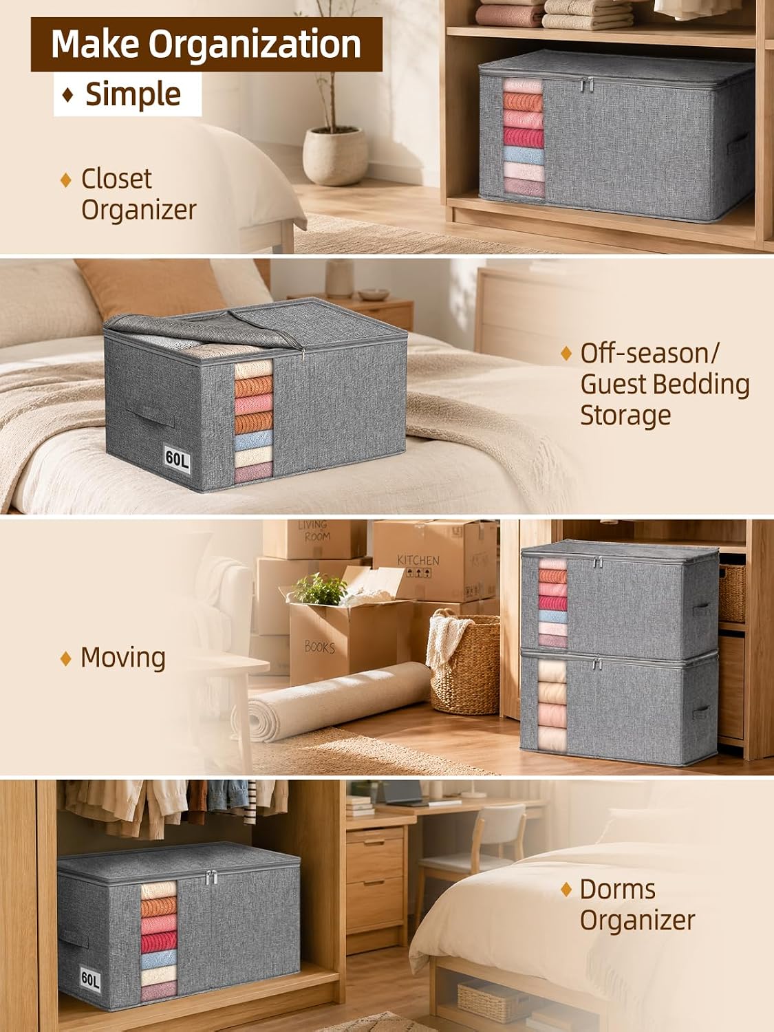 60L Blanket/Comforter Storage Bag w/Rigid Side & Bottom Support, Stackable Clothes Storage Bin for Sweaters Bedding Sets Quilts Pillows, Closet Organizer, 21.7x14.2x11.8in, 2 Pack, Gray