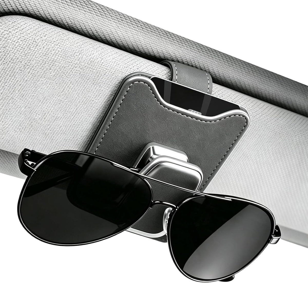 Car Sunglasses Holder - Visor Clip Style & Magnetic Plush Leather Construction Doubles as Credit Card & Fuel Card Box with Storage Pocket &Holds Sunglasses
