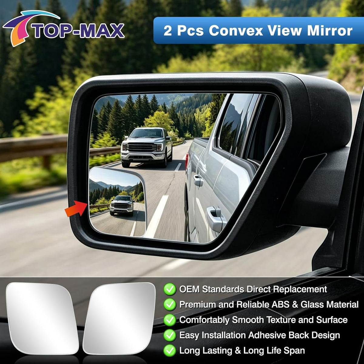 TOP-MAX Blind Spot Mirrors Compatible with 2021-2025 Ford F-150, 2022-2023 F150 Lightning, Convex Stick On Side Mirrors for Towing and Lane Changes Extended View, 2 Pack (Left & Right)
