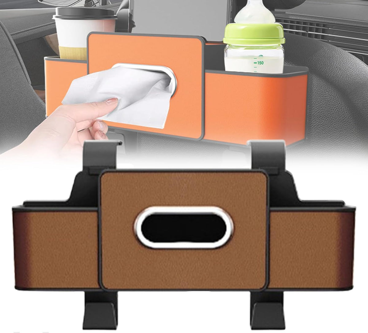 Car Organizer and Storage Box Back Seat, Car Organizer and Storage Box, 3-in-1 Car Seat Back Storage Box, with 2 Cup Holders, Tissue Box and Hooks, Smart Over-Seat CarOrganizer (2, Black)