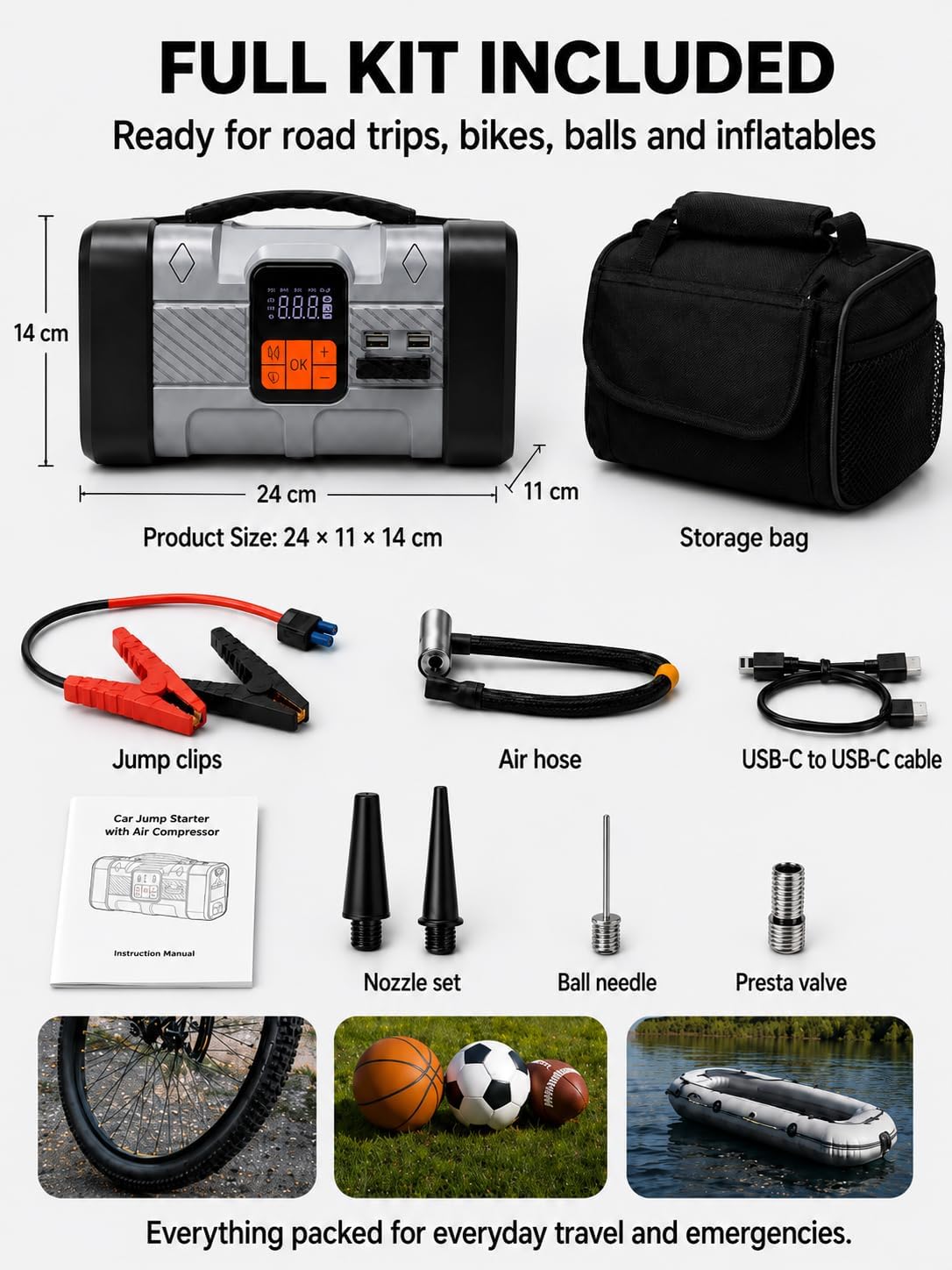 Jump Starter with Air Compressor, 1600A Car Battery Jump Starter, 150PSI Portable Tire Inflator with Auto Shut-Off, 24000mAh Power Bank with 100W Two-Way USB-C, 3-Mode LED Roadside Emergency Kit