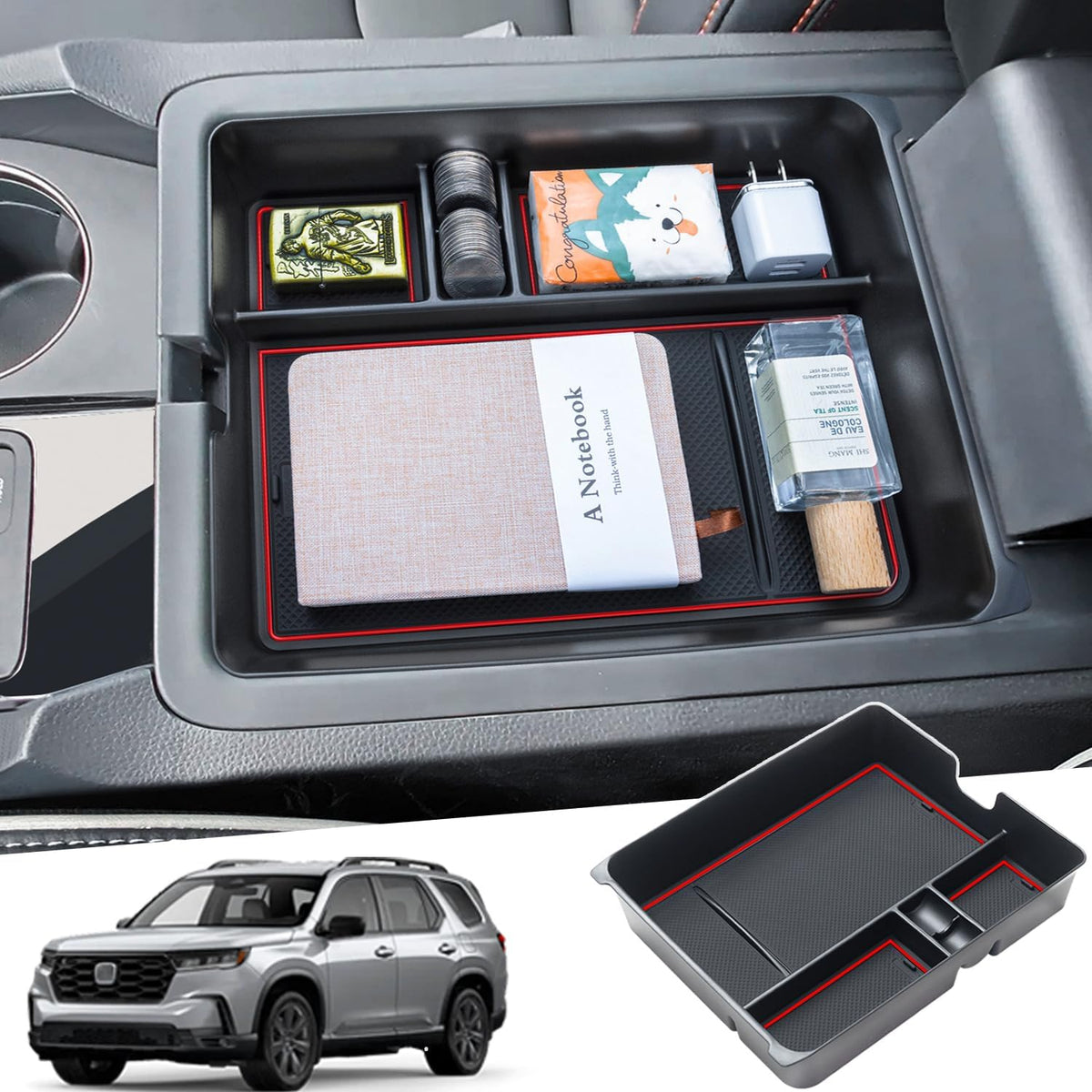 PIMCAR Center Console Organizer for 2023-2025 2026 Honda Pilot, 2024 2025 2026 Honda Passport/Ridgeline Upgrade Design Tray Accessories Interior Armrest Box Divider ABS Plastic Material-Black Trim