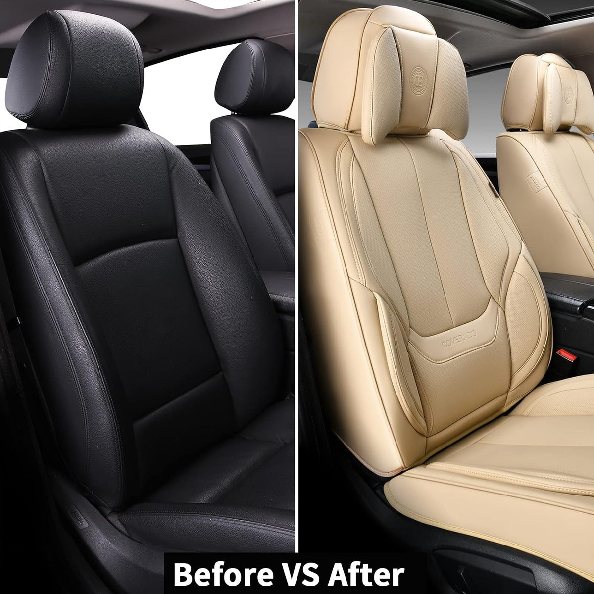Coverado Universal Seat Covers Front, 2-Pack Universal Seat Covers for Cars, Waterproof Nappa Leather Car Seat Covers with Head Pillow, Auto Protectors Fit for Most Sedans SUV Pick-up Truck-Beige