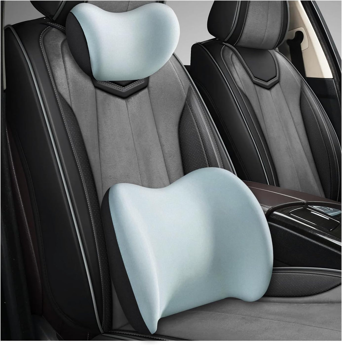 Car Headrest & Lumbar Support Cushion, Ergonomic Memory Foam Car Neck Back Support w/Removable Cover, Universal Breathable Lumbar Cushion Headrest Pillow with Adjusatble Strap (Gray)