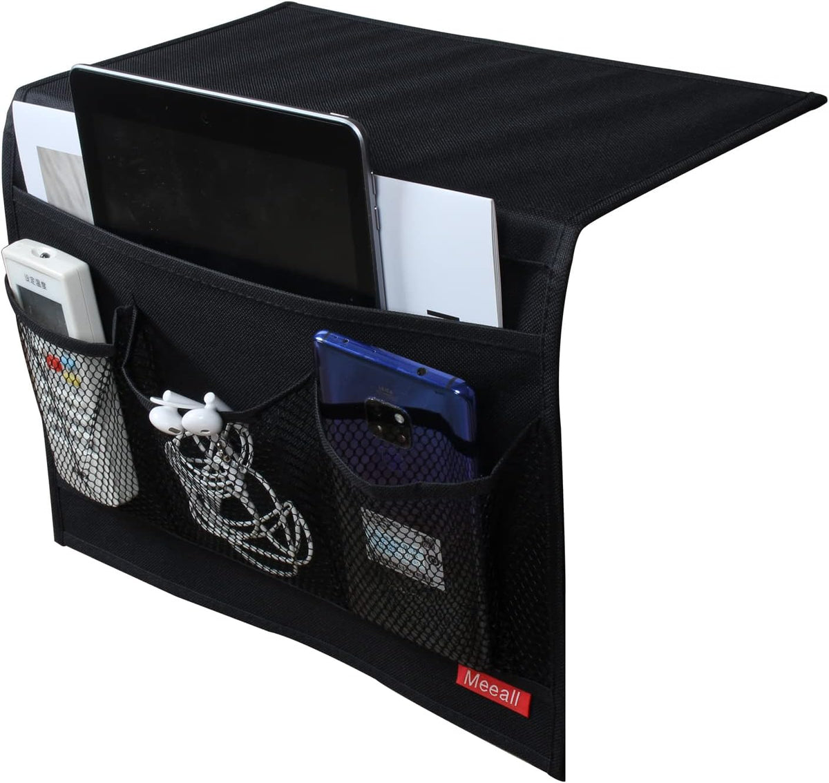 Bedside Storage Organizer with 6 Pockets, Bedside Caddy, Table Cabinet Storage Organizer, TV Remote Control, Phones, Magazines, Tablets, Accessories, Black