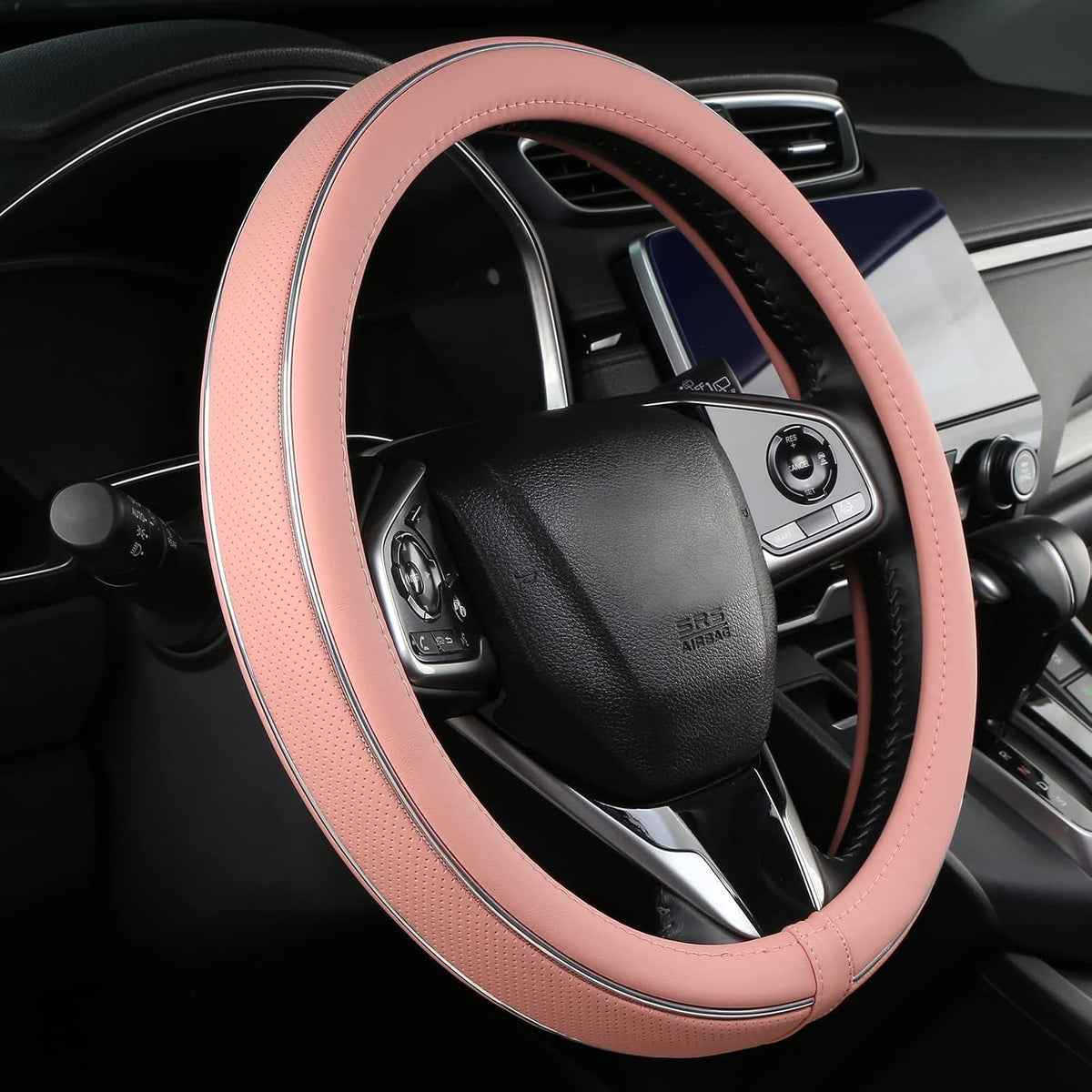 ALEMODR Brown Leather Steering Wheel Cover Fiber Strip Car Steering Wheel Cover Universal 15 inch for Men