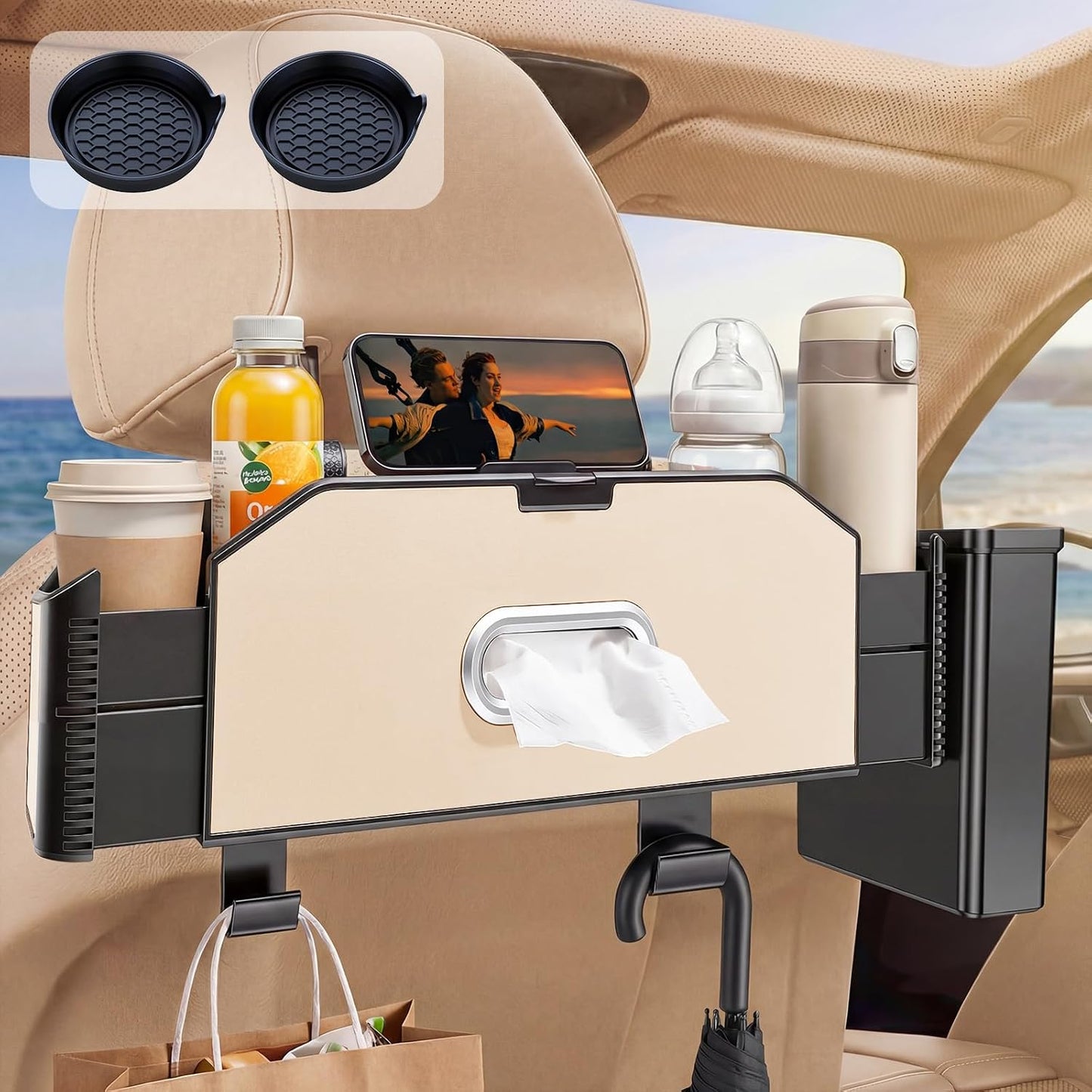 5-in-1 Back Seat Car Organizer and Storage with Extendable Cup Holder, Tissue Holder, Phone Holder, Hanging Hooks, Trash Bin, Back of Seat Car Headrest Organization Accessories for Women Man
