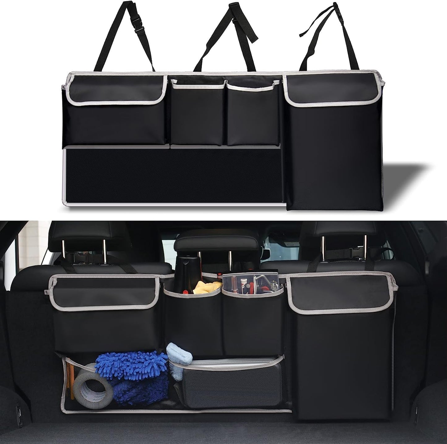 UYYE Trunk Hanging Organizer, Backseat Storage Bag, Collapsible Car Interior Accessories with 4 Pockets & 2 Mesh Pouches for Tools, Provide More Storage Trunk Space for SUV, Jeep, MPVs (Light Grey)