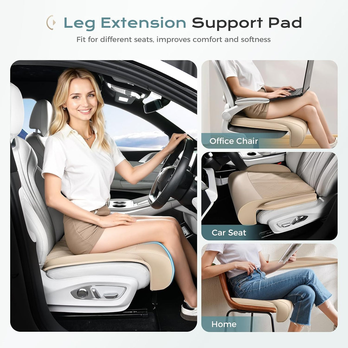 Coverado Car Seat Leg Extender Support Cushion, Leg Rest Cushion for Driver Seat, Universal Car Seat Leg Support, Leather Car Seat Cushion, Waterproof Leg Extension Pad for Long Driving (Update,Beige)