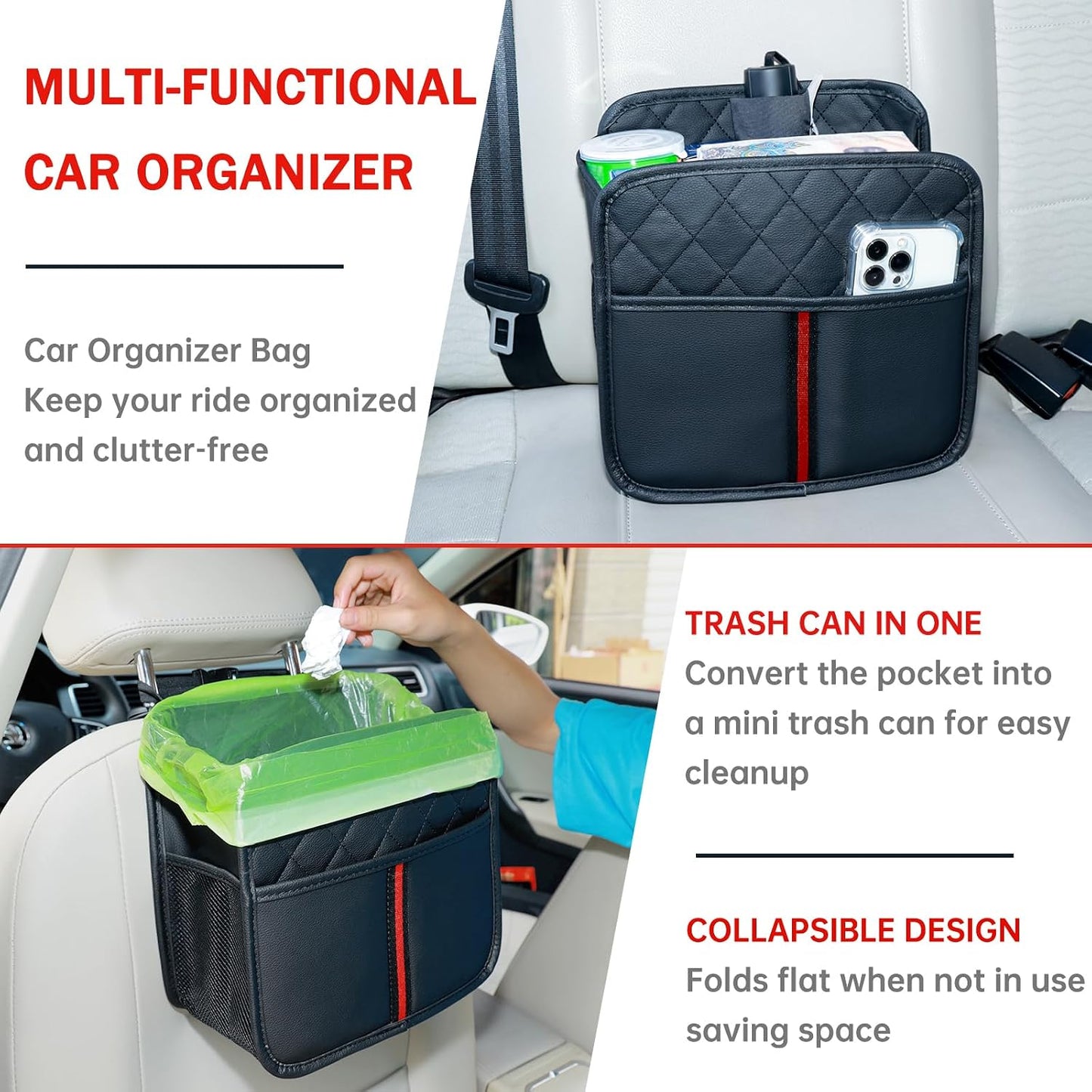 Car Seat Back Organizer, 1 Pack Multifunctional car organizers and storage with Cup Holders, Car Trash Can, Back of Seat Car Organizer for Kids & Adults, Universal for Most Cars, Black