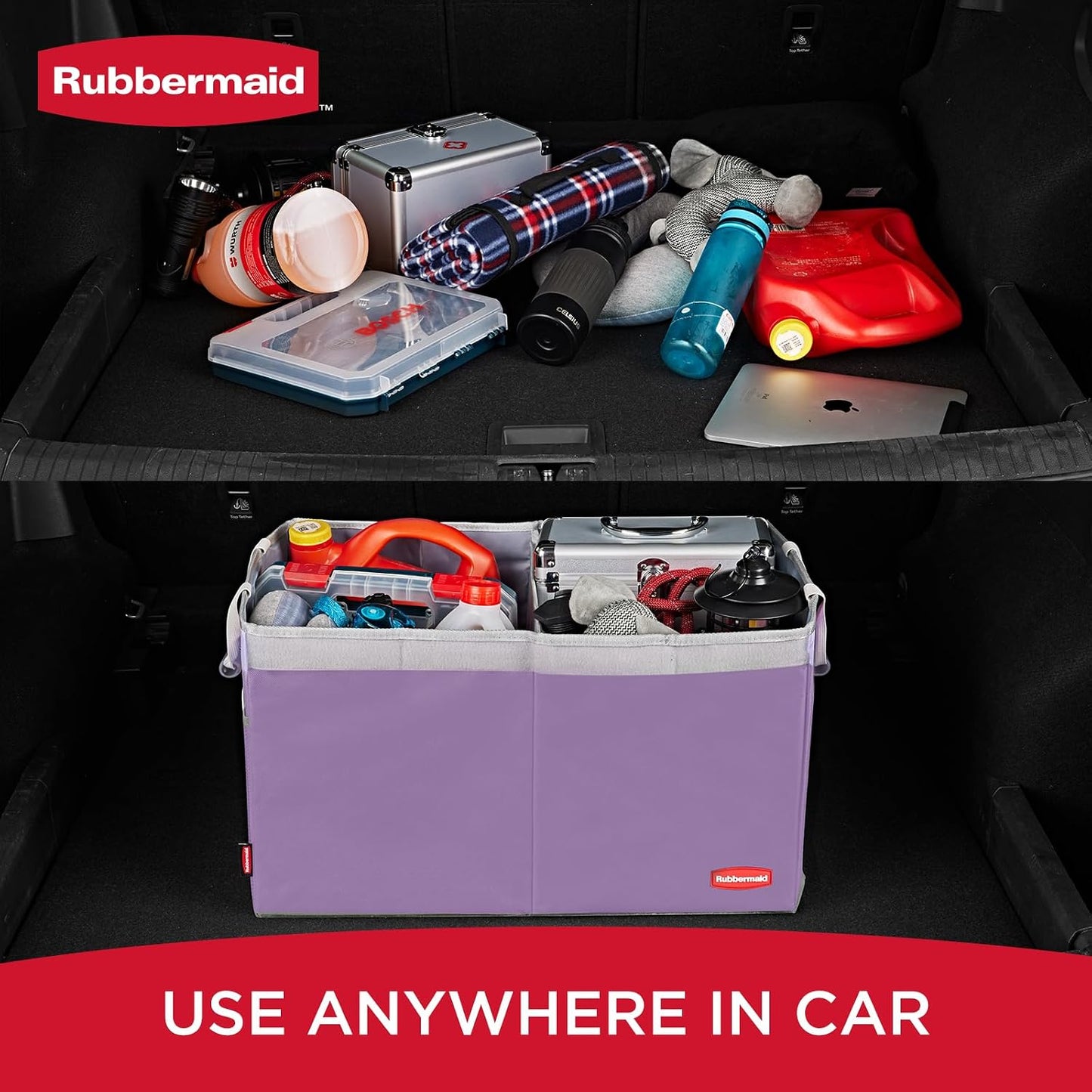 Rubbermaid Car Organizer, Collapsible Trunk Organizer, Multi-Compartment Car Storage Organization for Car Accessories, 2 Compartments With Cover, 21.65"*14.17"*12.2" - Purple