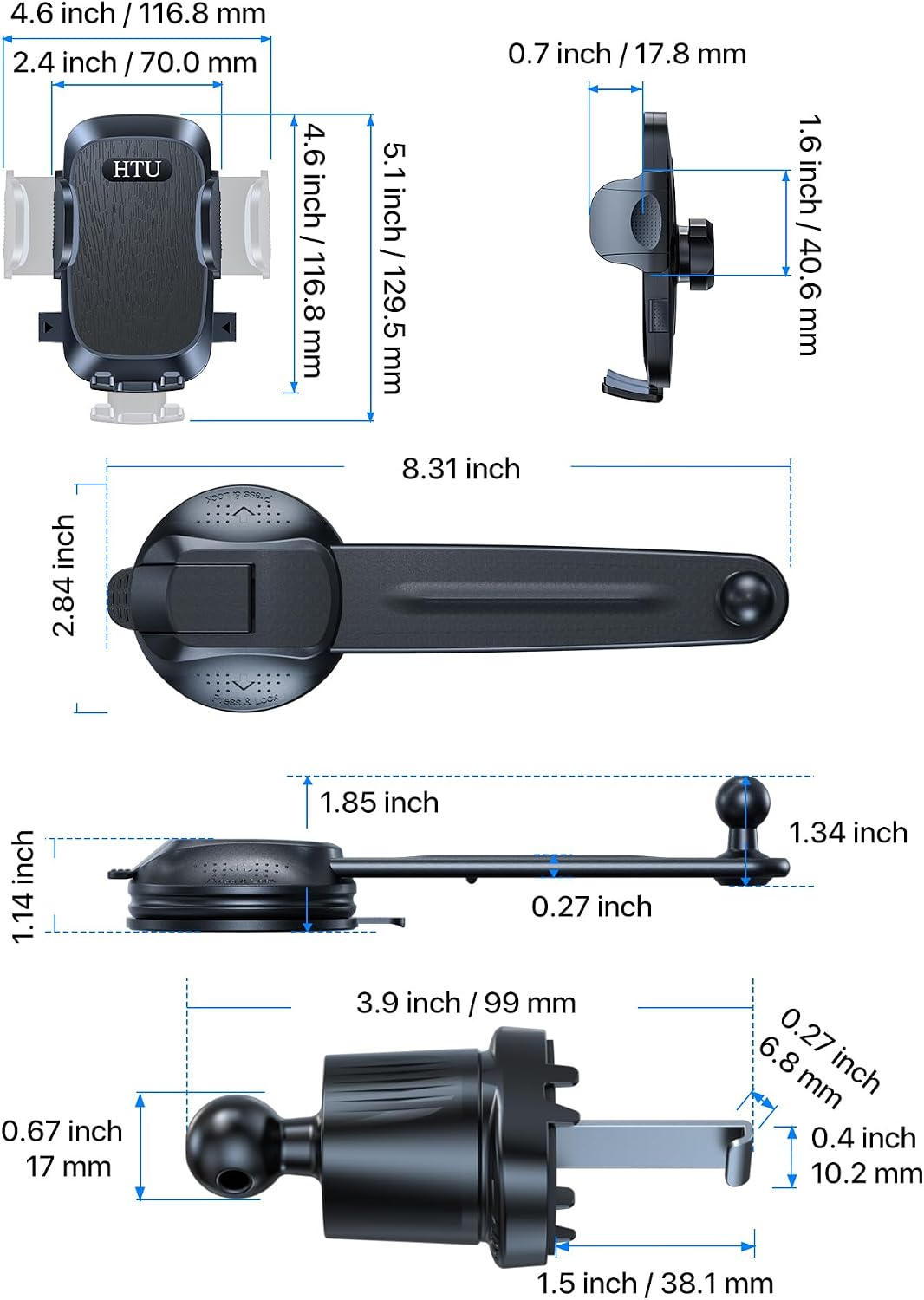 HTU Upgraded Strongest Suction No Block View Bendable Arm Car Phone Holder