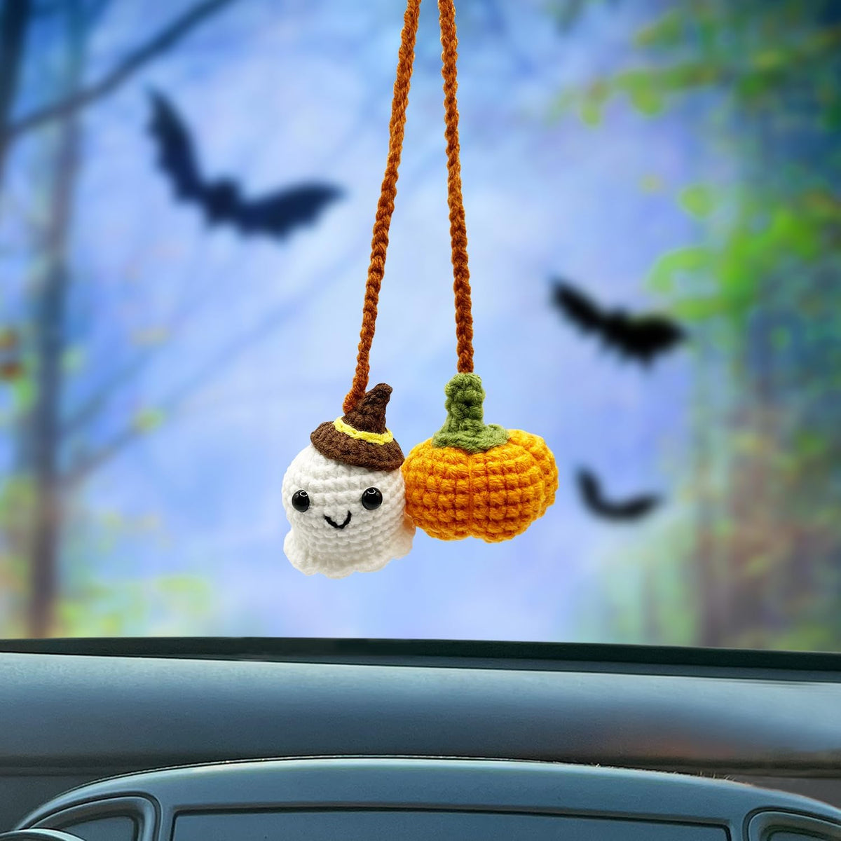 Halloween Outdoor Decorations Crochet Pumpkin and Ghost Car Decor for Rear View Mirror, Hand-Woven Mirror Charm Car Accessories for Women or Men (Orange Pumpkin and Ghost)