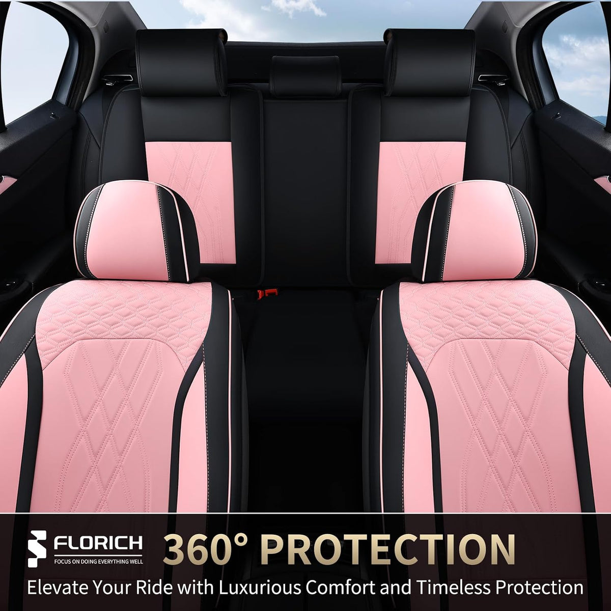 FLORICH Automotive Seat Covers Leather Pink Seat Covers for Cars Front Seats Waterproof Breathable Car Seat Cushion Comfort Interior Covers Universal Fit for Most Car Truck SUV Driving, Black&Pink