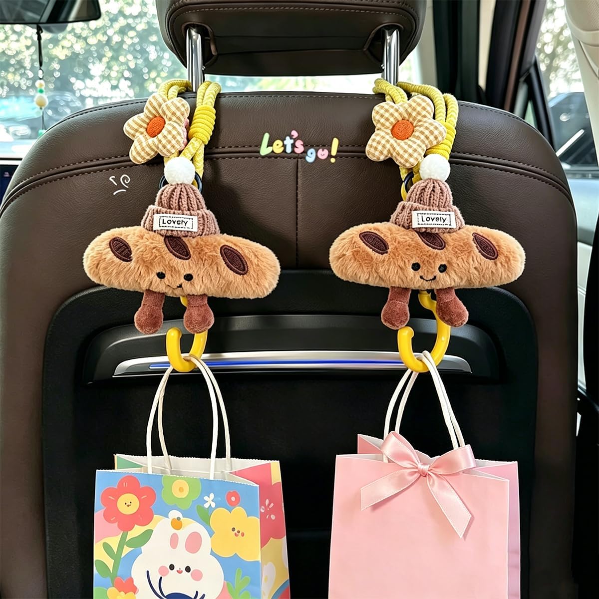 2 Pack Cute Car Headrest Hooks 360° Rotating Adjustable Length, Seat Decorative Hanger for Handbags Shopping Bags(Bow Cloud)